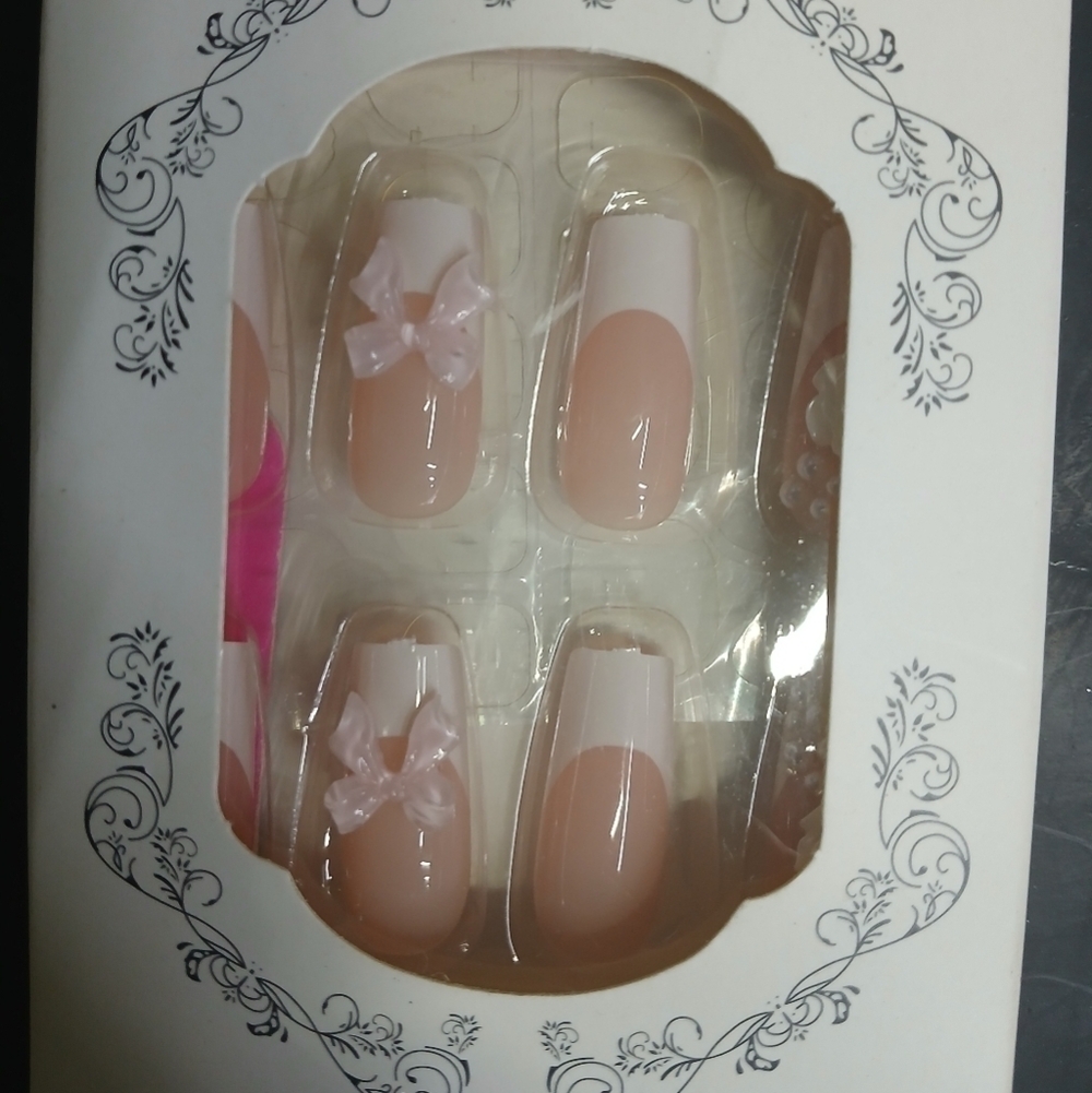 White tip pink bow flower floral press on nails - Picture 1 of 3